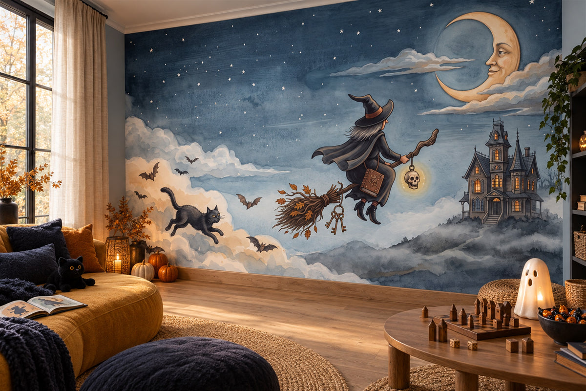Witches Cats Broomsticks and Crescent Moon Halloween Wallpaper Mural - image 4