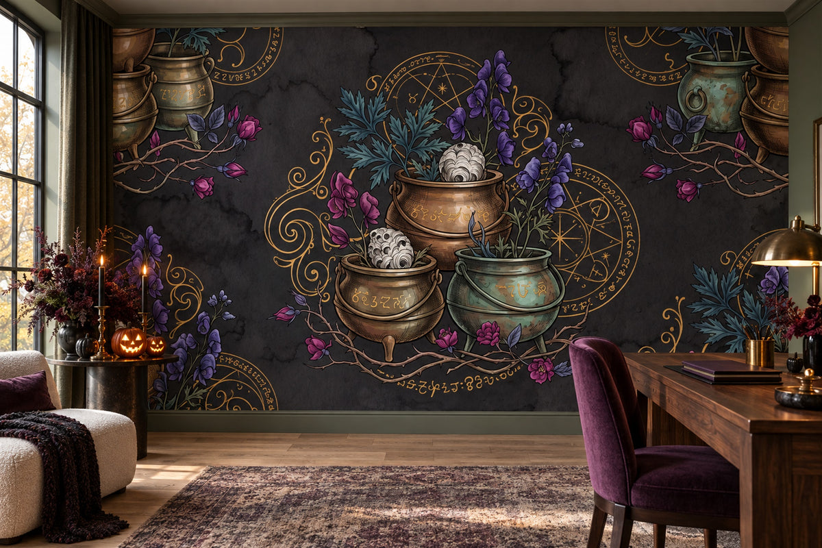 Magic Cauldrons Flowers Moths and Celestial Symbols Halloween Wallpaper Mural - image 3
