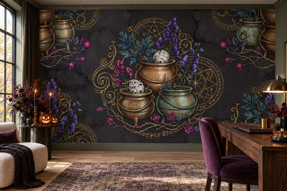 Magic Cauldrons Flowers Moths and Celestial Symbols Halloween Wallpaper Mural - image 3