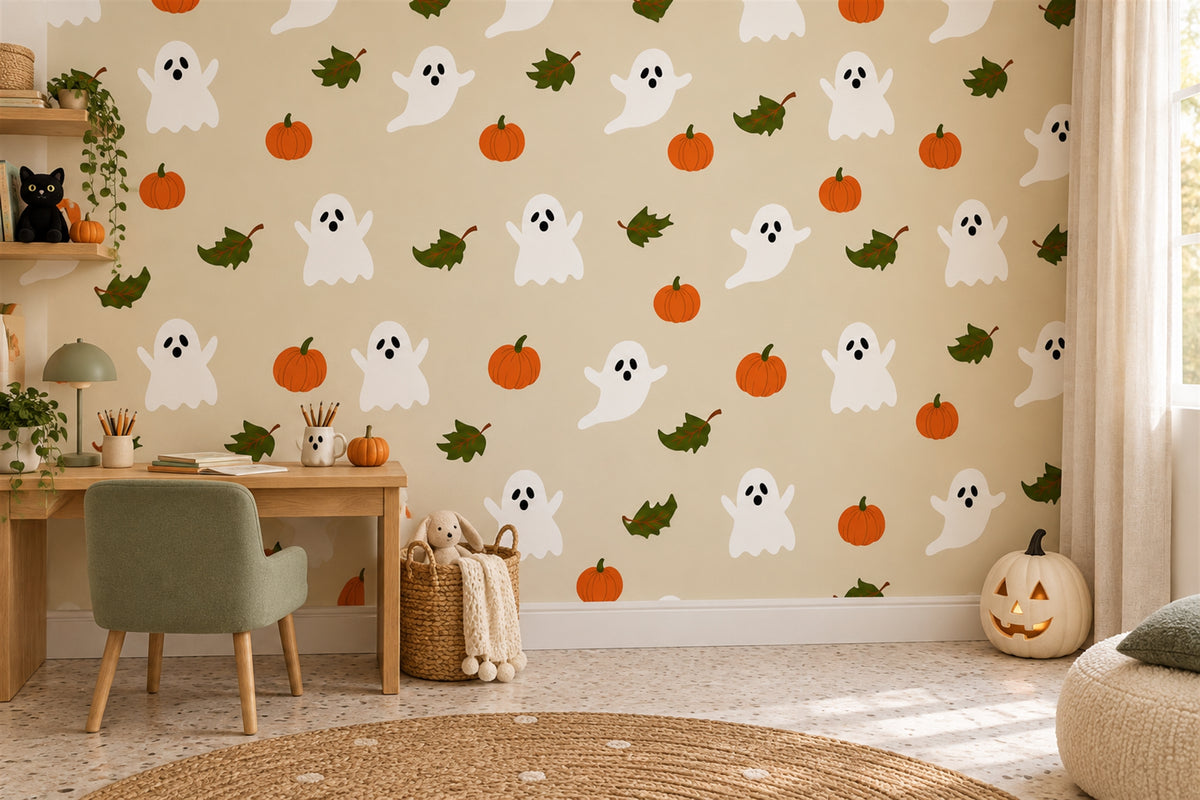 Ghosts Pumpkins and Green Leaves Halloween Wallpaper Mural - image 3