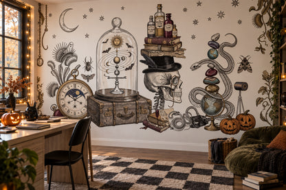 Skull Potions Clock Snake and Celestial Objects Halloween Wallpaper Mural - image 3