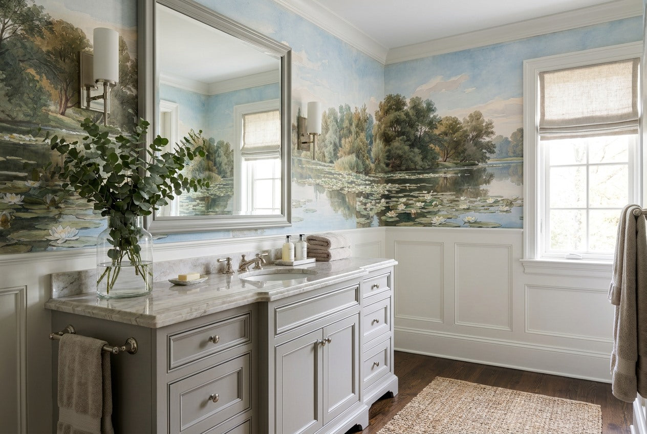 Soft Tan Riverside Forest Wallpaper Mural room scene
