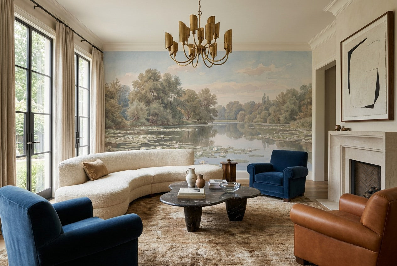 Soft Tan Riverside Forest Wallpaper Mural room scene