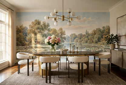 Soft Tan Riverside Forest Wallpaper Mural dining room scene