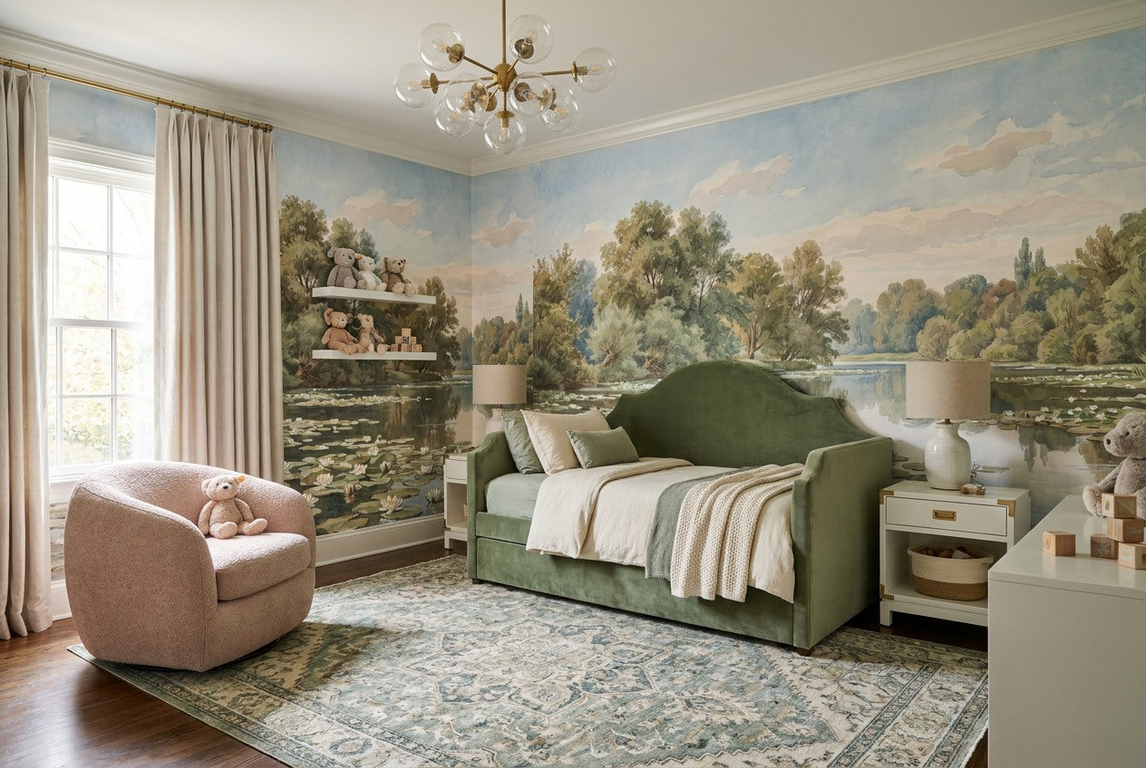 Soft Tan Riverside Forest Wallpaper Mural room scene
