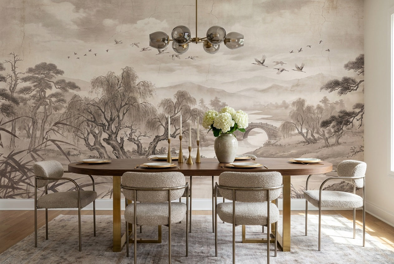 Taupe Ink River Landscape Wallpaper Mural - 1