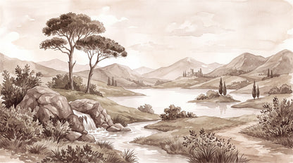 Taupe Pine Lake Landscape Wallpaper Mural - 2