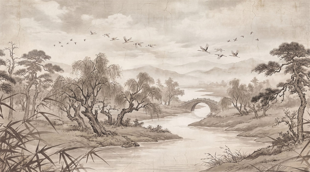 Taupe Ink River Landscape Wallpaper Mural