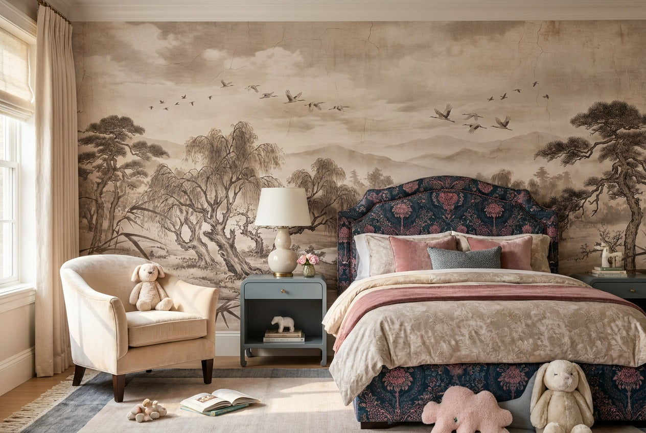 Taupe Ink River Landscape Wallpaper Mural - 5