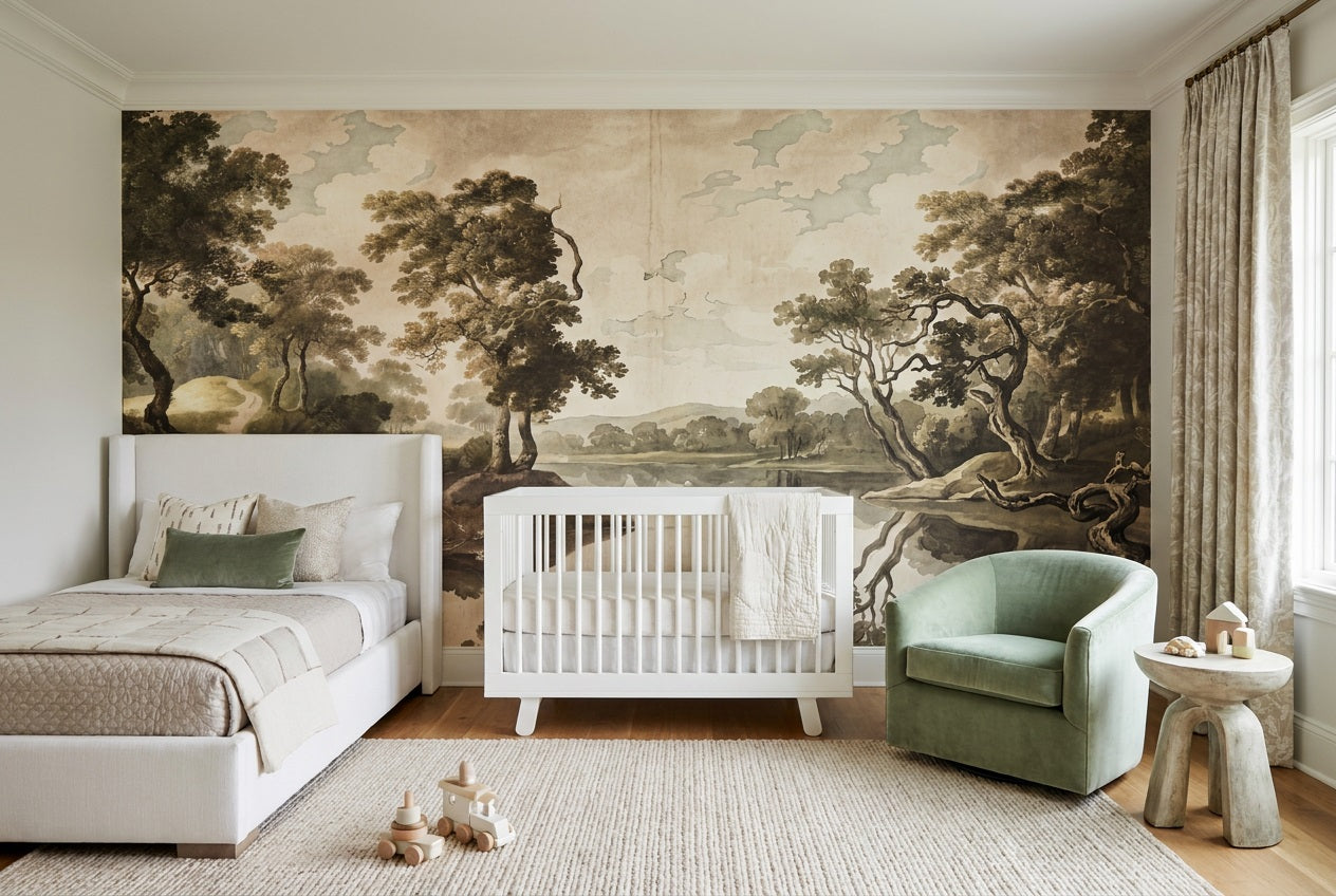 Taupe Lakeside Trees Landscape Wallpaper Mural - 7