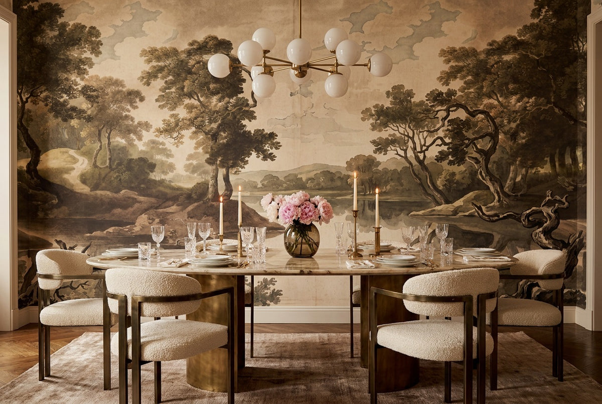 Taupe Lakeside Trees Landscape Wallpaper Mural - 1