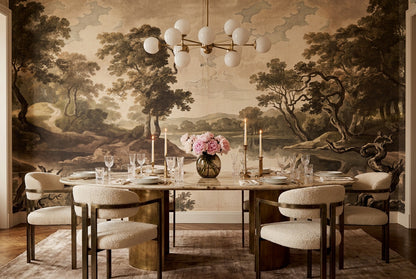 Taupe Lakeside Trees Landscape Wallpaper Mural - 1