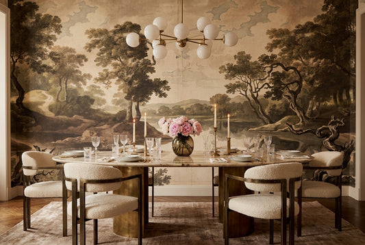 Taupe Lakeside Trees Landscape Wallpaper Mural - 1
