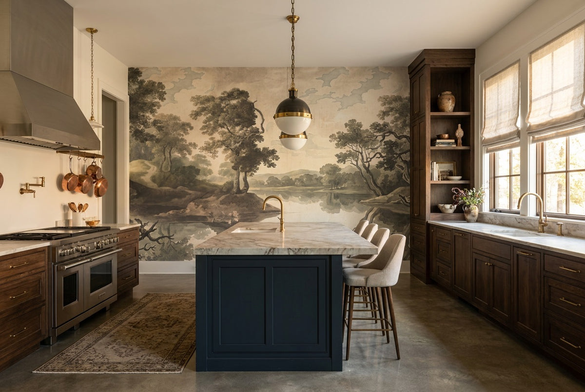 Taupe Lakeside Trees Landscape Wallpaper Mural - 5