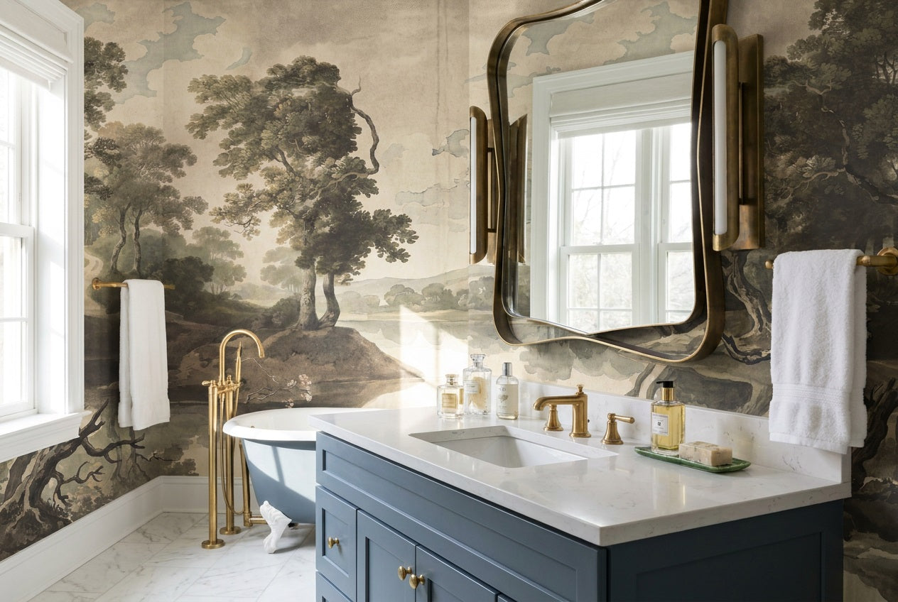 Taupe Lakeside Trees Landscape Wallpaper Mural - 3