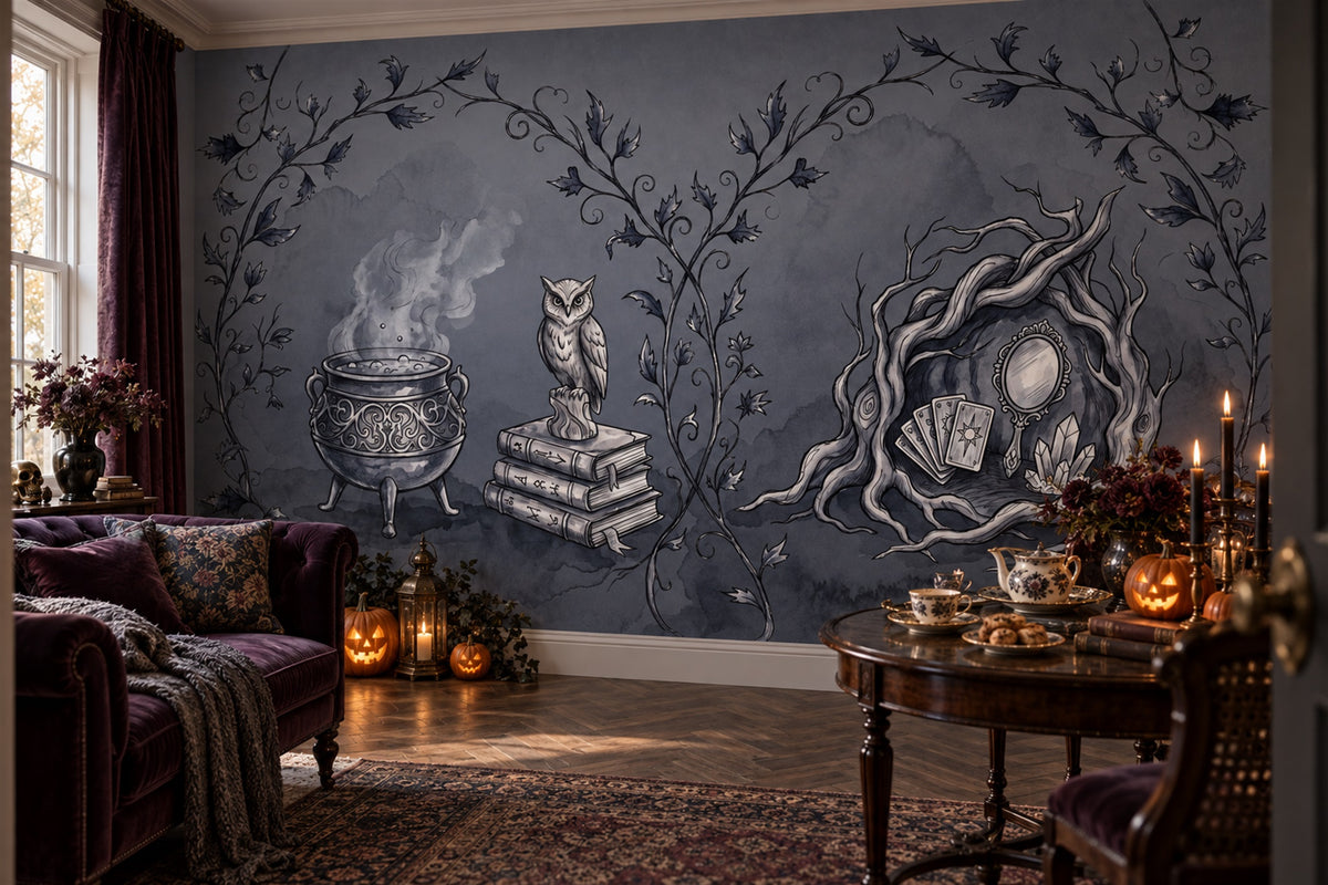 Cauldron Owl Books Vines and Crystal Ball Halloween Wallpaper Mural - image 4