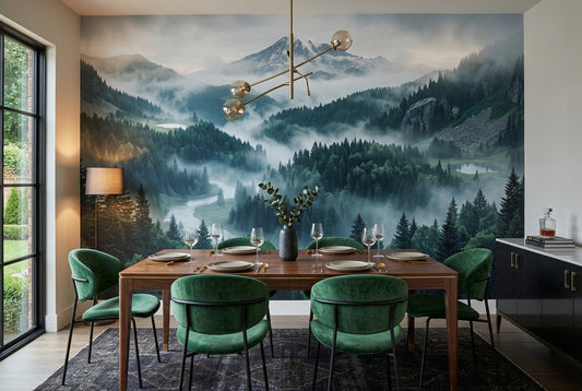 Teal Alpine Pine Forest Wallpaper Mural - 1