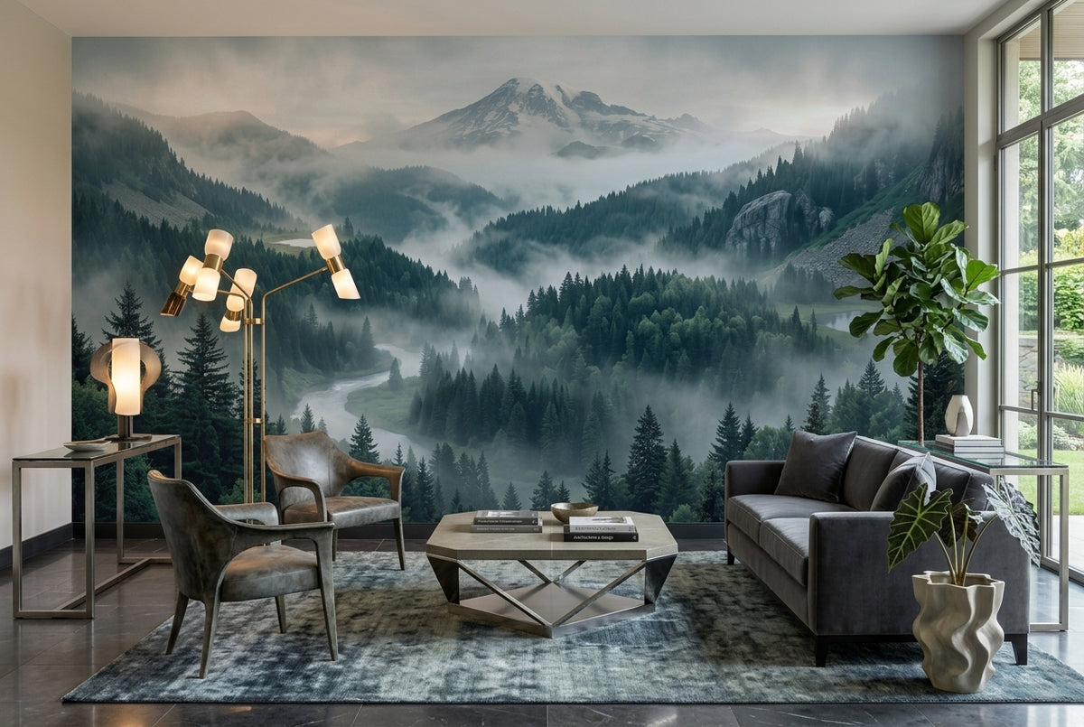 Teal Alpine Pine Forest Wallpaper Mural - 6