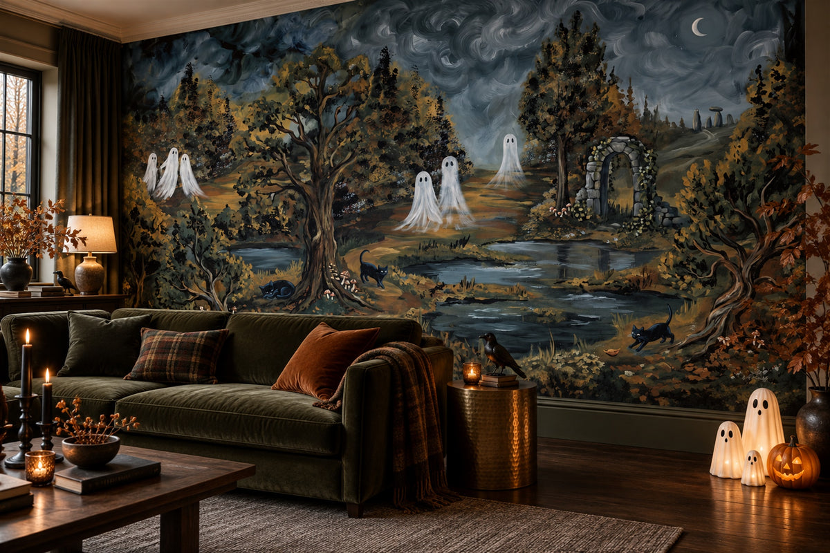 Ghosts in Dark Enchanted Forest Halloween Wallpaper Mural - image 3