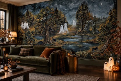Ghosts in Dark Enchanted Forest Halloween Wallpaper Mural - image 3