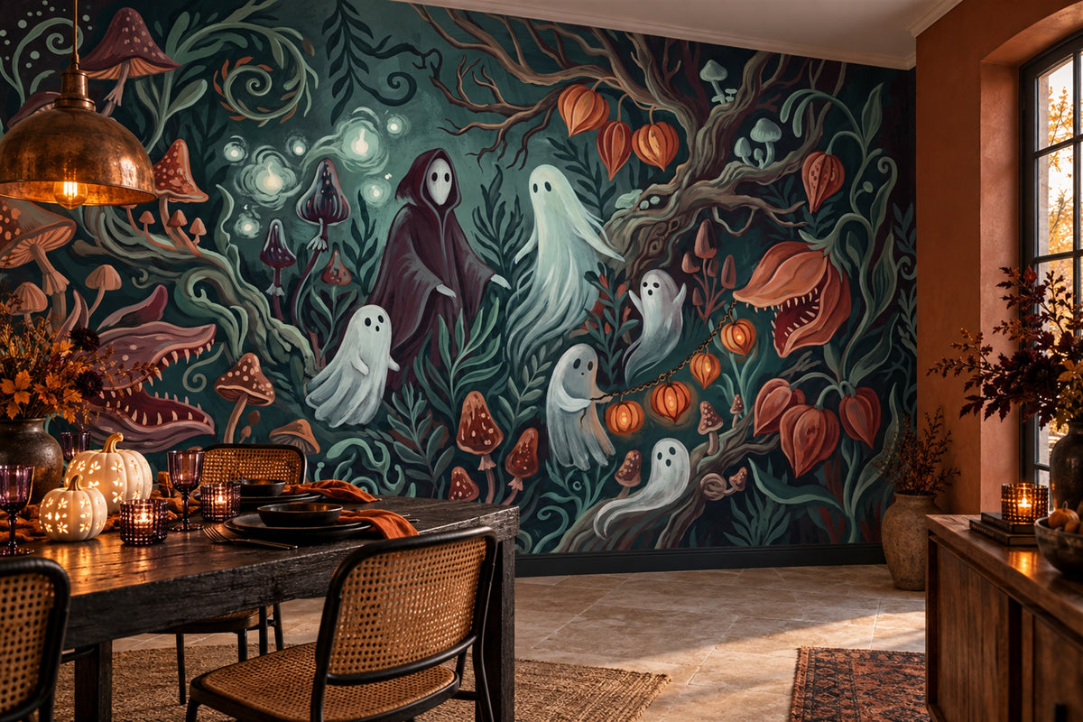 Ghosts Pumpkins Mushrooms and Carnivorous Plants Halloween Wallpaper Mural - image 3