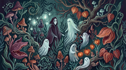 Ghosts Pumpkins Mushrooms and Carnivorous Plants Halloween Wallpaper Mural - image 2