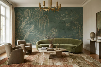 Teal Willow Garden Chinoiserie Wallpaper Mural - 6