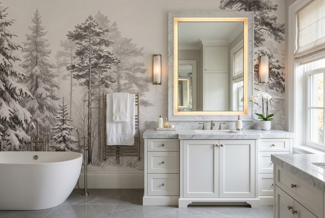 White Winter Pine Forest Wallpaper Mural interior setting