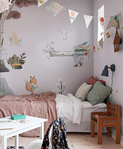 forest animals pink themed wallpaper custom design