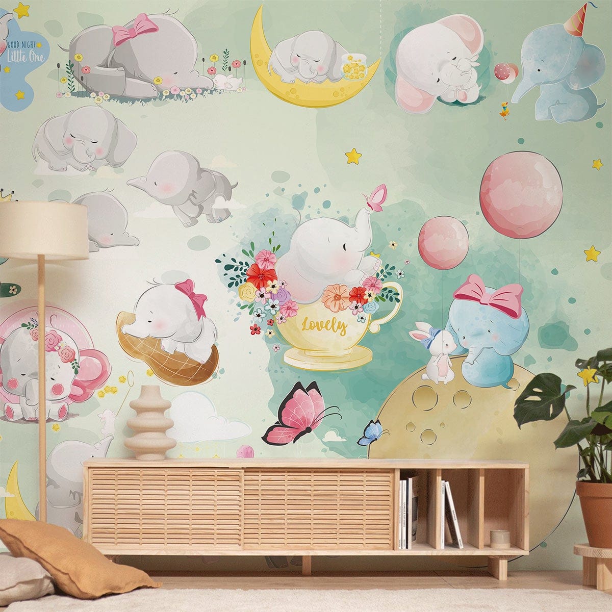 Whimsical Baby Elephant Nursery Mural Wallpaper