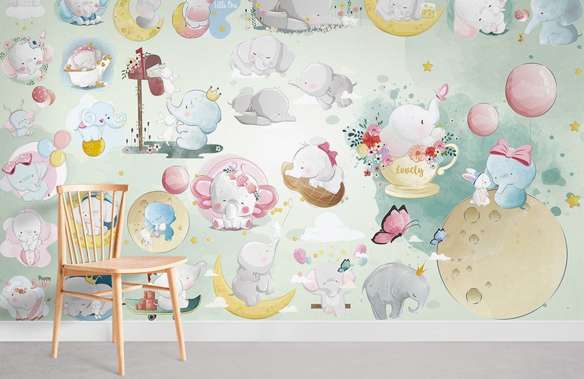 Whimsical Baby Elephant Nursery Mural Wallpaper