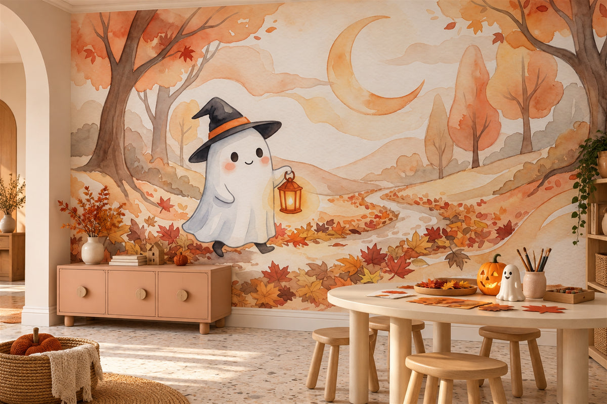 Ghost Carrying Lantern On Autumn Path Halloween Wallpaper Mural room scene