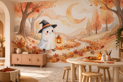 Ghost Carrying Lantern On Autumn Path Halloween Wallpaper Mural room scene