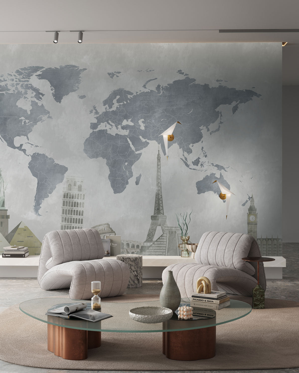 World Landmarks Grey Abstract Map Mural Wallpaper in living room