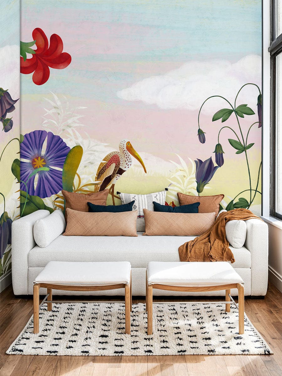 Decorative Mural Wallpaper Featuring Dancing Flowers for the Living Room