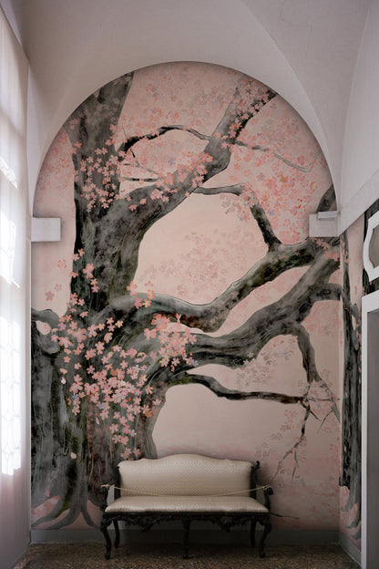 Serene Cherry Blossom Mural Wallpaper in entryway