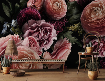 Wallpaper mural featuring a dark flower bouquet design, perfect for decorating the living room