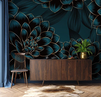 Wallpaper mural with dark flowers for the living room's decor.
