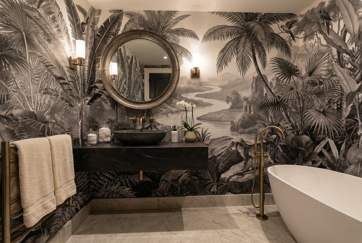 Tropical Gray Dark Jungle Wallpaper Mural room setting