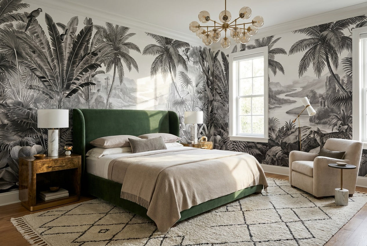 Tropical Gray Dark Jungle Wallpaper Mural room setting