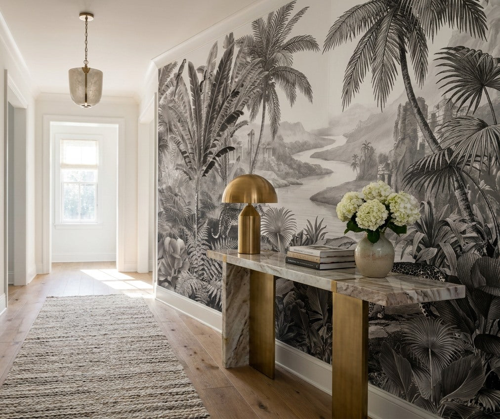 Tropical Gray Dark Jungle Wallpaper Mural room setting
