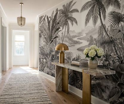 Tropical Gray Dark Jungle Wallpaper Mural room setting