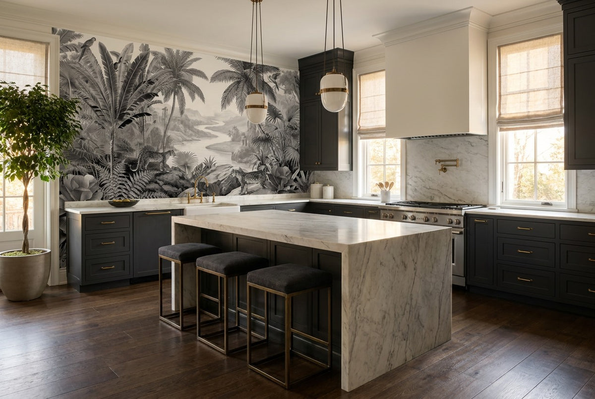 Tropical Gray Dark Jungle Wallpaper Mural room setting