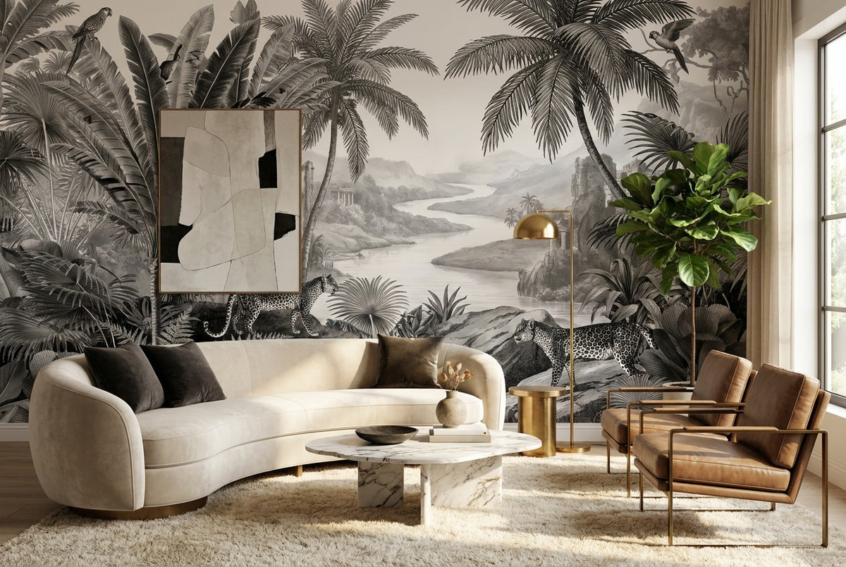 Tropical Gray Dark Jungle Wallpaper Mural in a living room