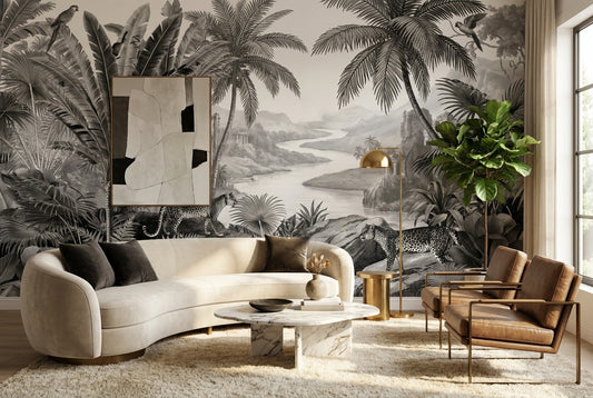Tropical Gray Dark Jungle Wallpaper Mural in a living room