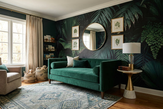 Atmospheric Green Dark Jungle Wallpaper Mural in a living room