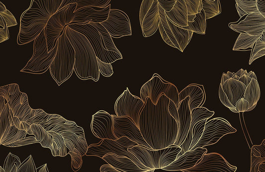 Elegant Gold Floral Line Art Mural Wallpaper