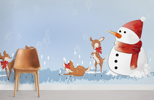 Whimsical Winter Snowman Scenic Mural Wallpaper