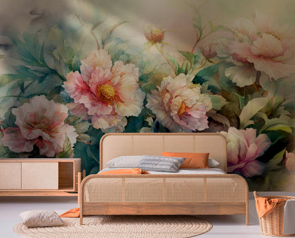 Elegant Watercolor Large Floral Wallpaper in bedroom