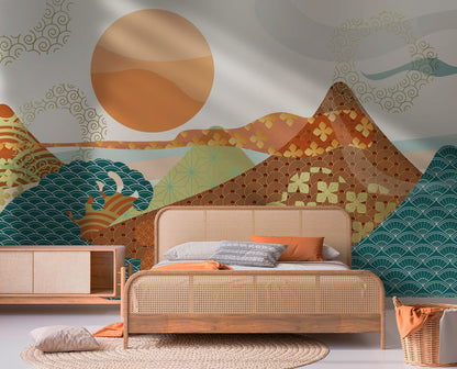 Sunlit Mountains & Waves Mural Wallpaper in bedroom